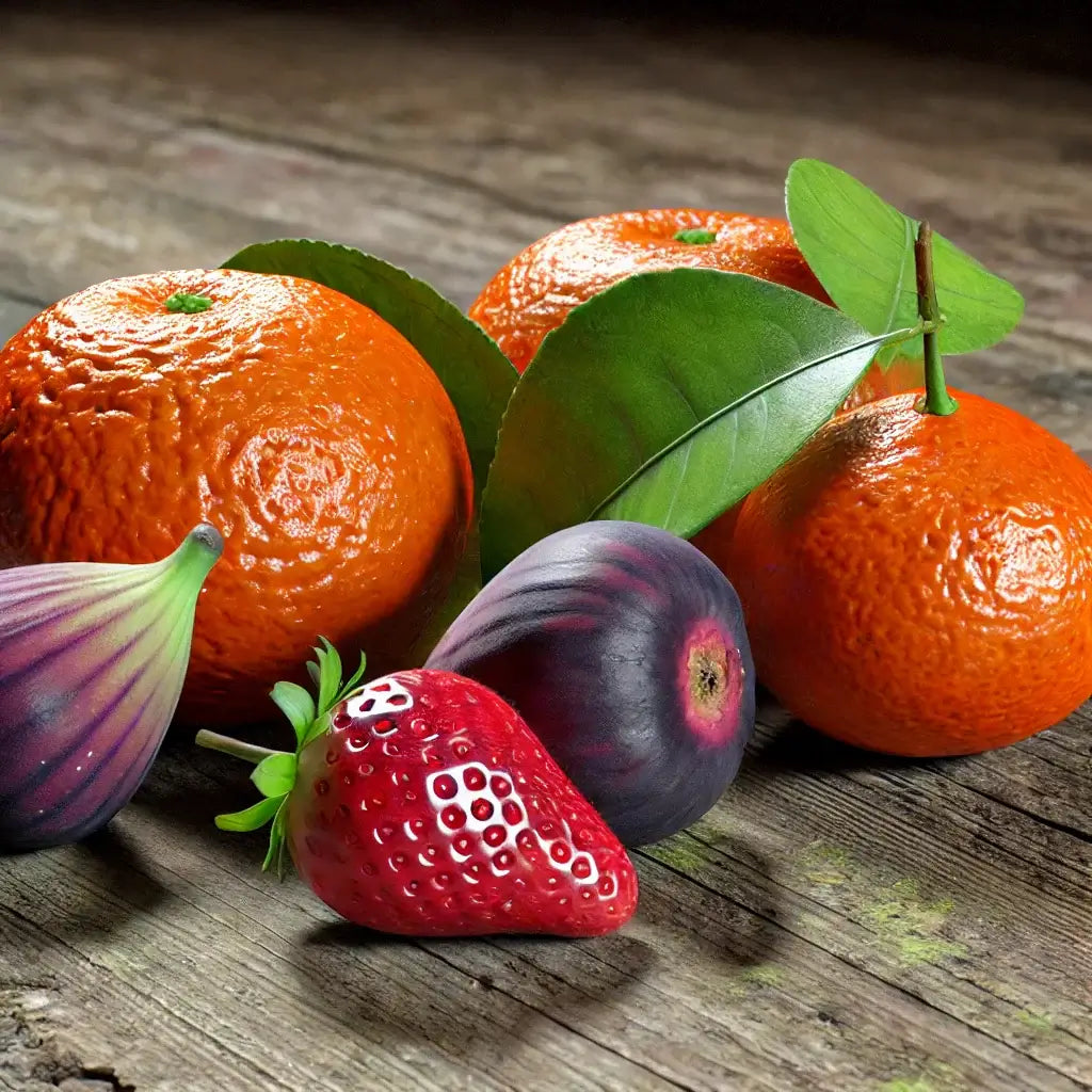 organic fruits on a rustic wooden table