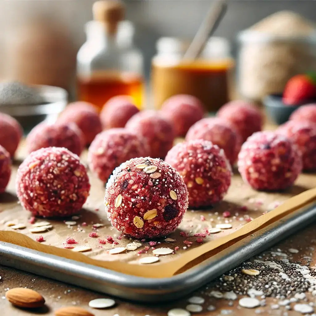 A close-up image of Freeze-Dried Strawberry Energy Bites arranged on a lined baking sheet. The energy bites are small, round, and have a slightly rough