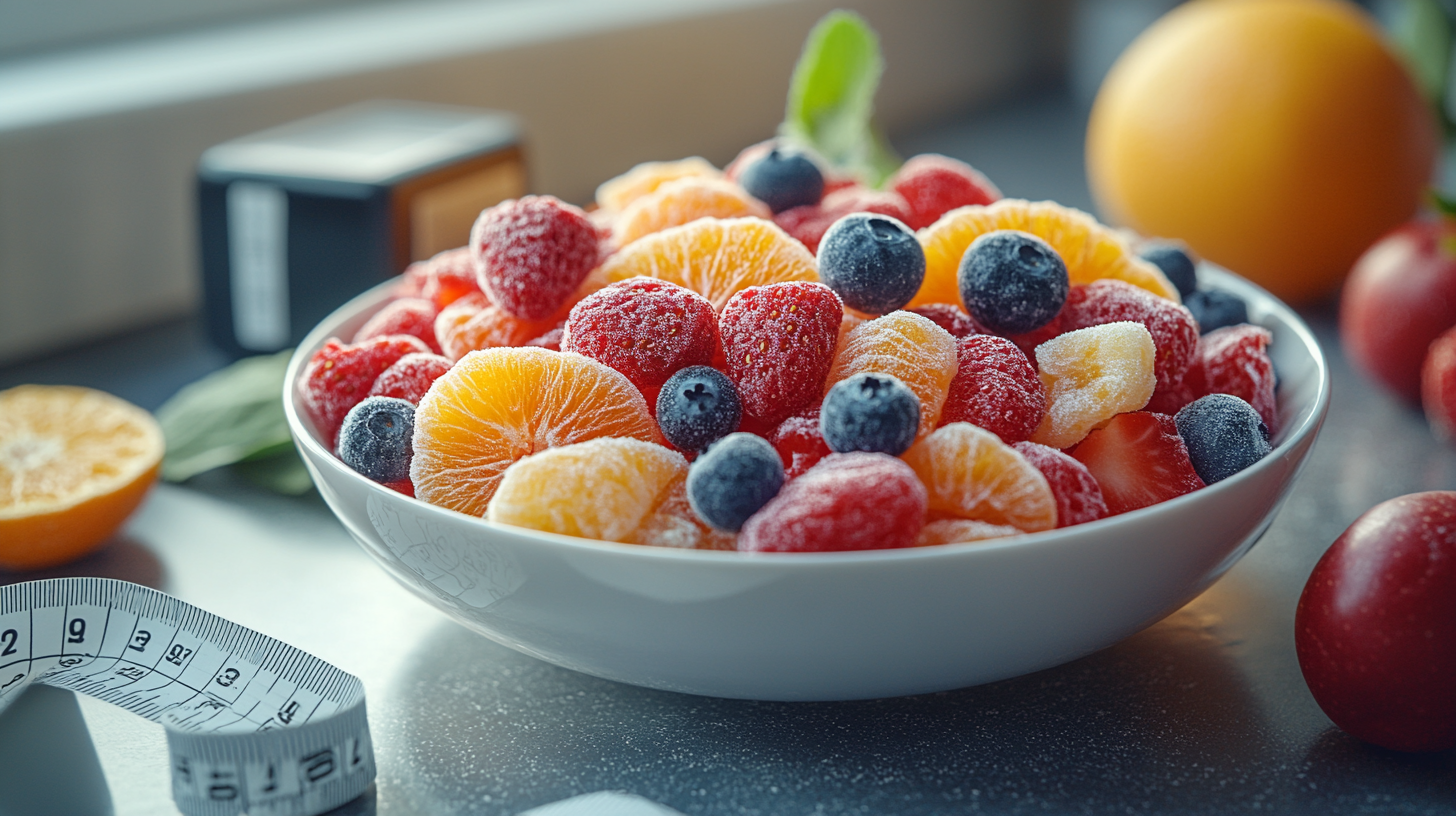 An assortment of freeze-dried fruits, including strawberries, tangerines, mulberries, blackberries, and figs, displayed in a bowl on a wooden table.